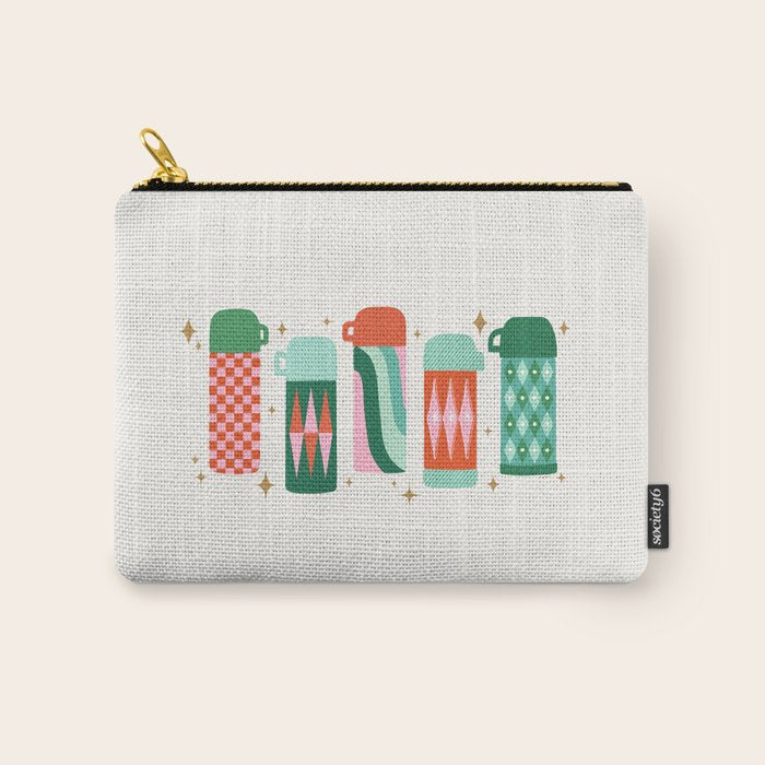 Retro Christmas Thermoses Red Pink and Green on White Carry All Pouch Gallery Image 1