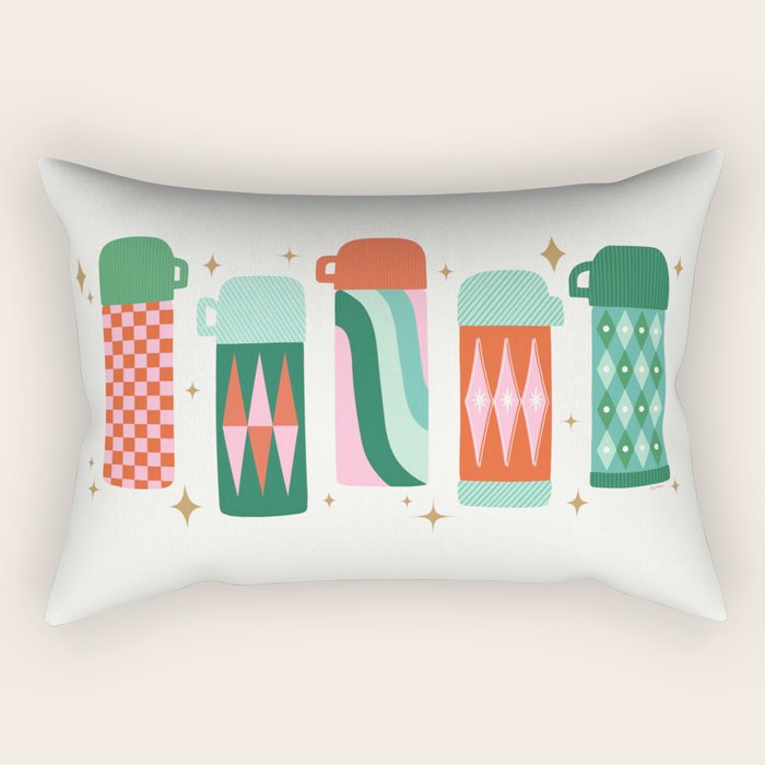 Retro Christmas Thermoses Red Pink and Green on White Rectangular Pillow Gallery Image 2