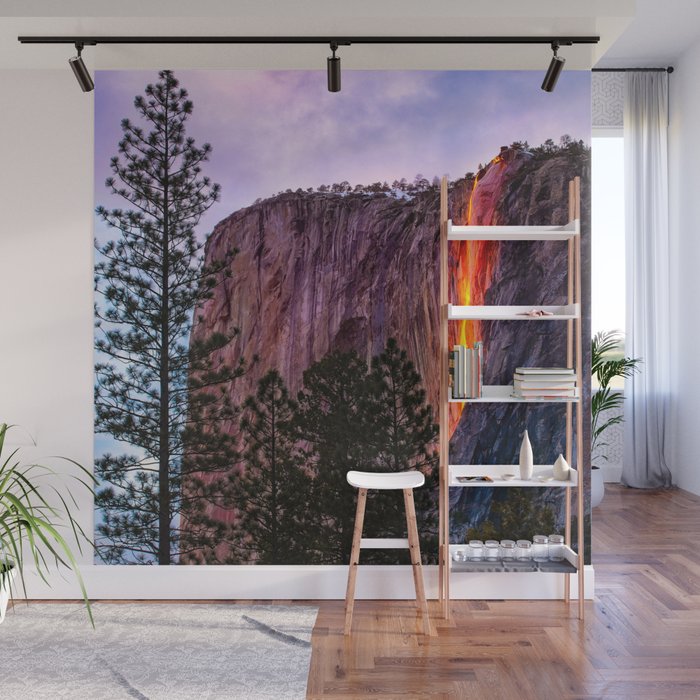 Magical Firefall - golden sunlight, on Horsetail Falls in Yosemite National Park photograph print Wall Mural Gallery Image 1
