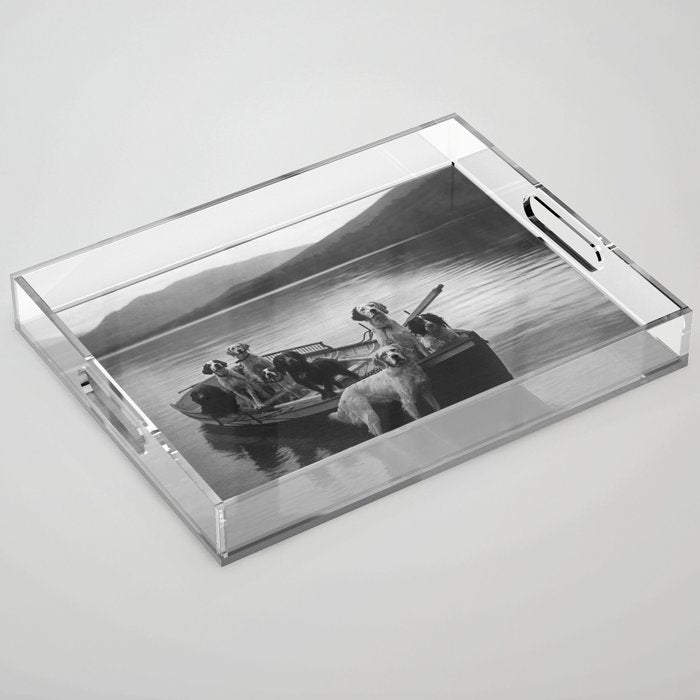 Dogs on a boat black and white canine photograph portrait - photographs - photography Acrylic Tray Gallery Image 1