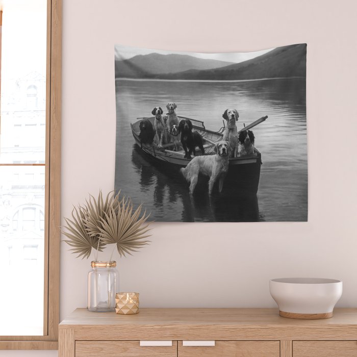 Dogs on a boat black and white canine photograph portrait - photographs - photography Wall Tapestry Gallery Image 2