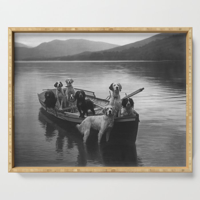Dogs on a boat black and white canine photograph portrait - photographs - photography Serving Tray Gallery Image 1