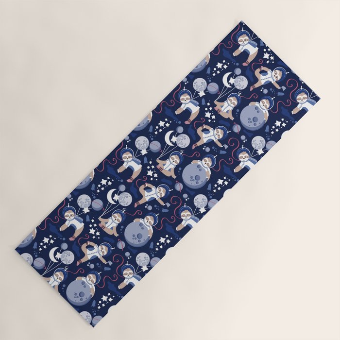 Best Space To Be // navy blue background indigo moons and cute astronauts sloths Yoga Mat Gallery Image 1