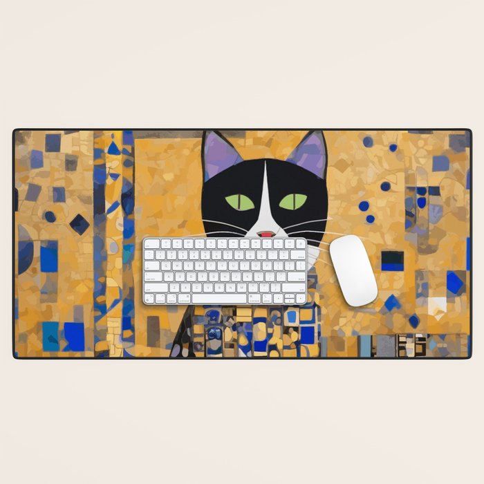Gustav Klimt Style Tuxedo Cat with Geometric Patterns Desk Mat Gallery Image 1