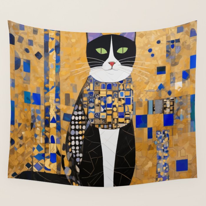 Gustav Klimt Style Tuxedo Cat with Geometric Patterns Wall Tapestry Gallery Image 4