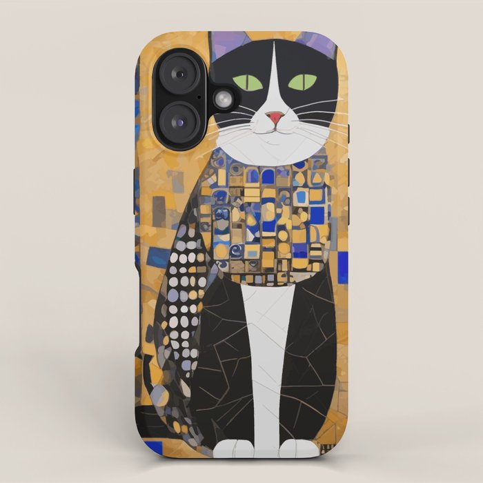 Gustav Klimt Style Tuxedo Cat with Geometric Patterns iPhone Case Gallery Image 1