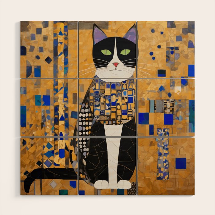 Gustav Klimt Style Tuxedo Cat with Geometric Patterns Wood Wall Art Gallery Image 1