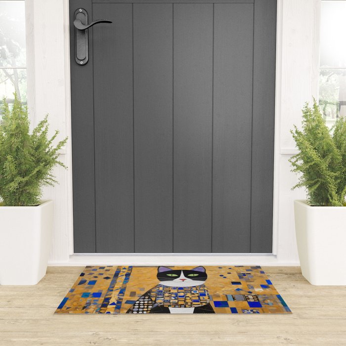Gustav Klimt Style Tuxedo Cat with Geometric Patterns Welcome Mat Gallery Image 3