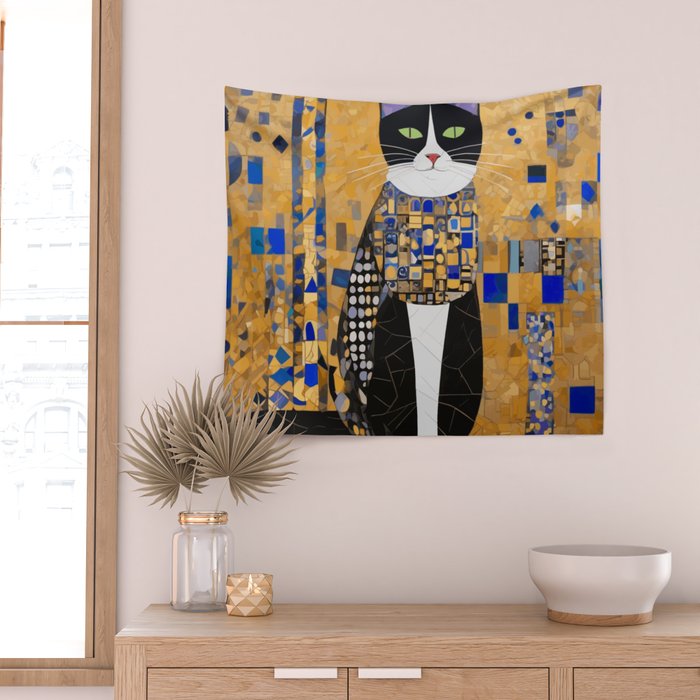 Gustav Klimt Style Tuxedo Cat with Geometric Patterns Wall Tapestry Gallery Image 2
