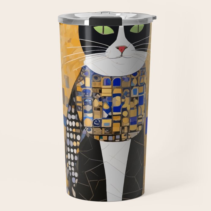 Gustav Klimt Style Tuxedo Cat with Geometric Patterns Travel Mug Gallery Image 1