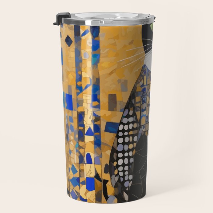 Gustav Klimt Style Tuxedo Cat with Geometric Patterns Travel Mug Gallery Image 3