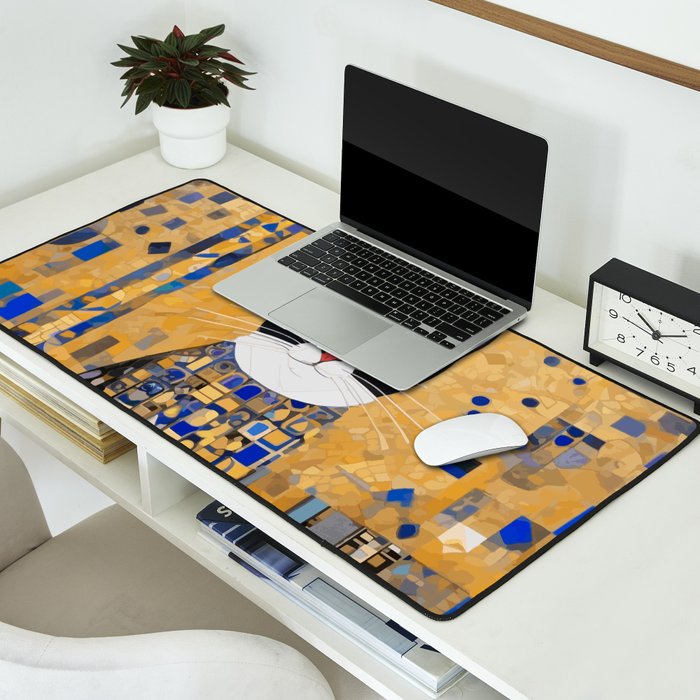 Gustav Klimt Style Tuxedo Cat with Geometric Patterns Desk Mat Gallery Image 2