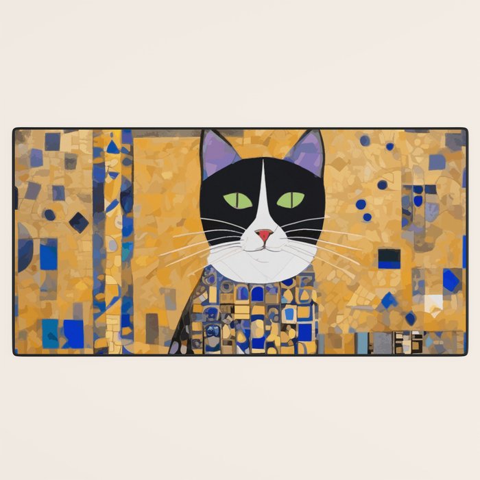 Gustav Klimt Style Tuxedo Cat with Geometric Patterns Desk Mat Gallery Image 3