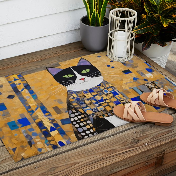 Gustav Klimt Style Tuxedo Cat with Geometric Patterns Outdoor Rug Gallery Image 2