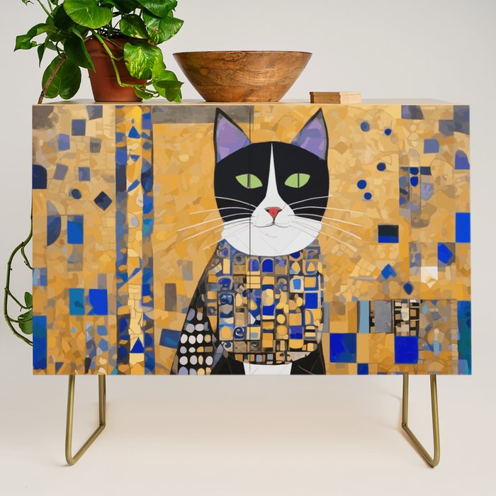 Gustav Klimt Style Tuxedo Cat with Geometric Patterns Credenza Gallery Image 1