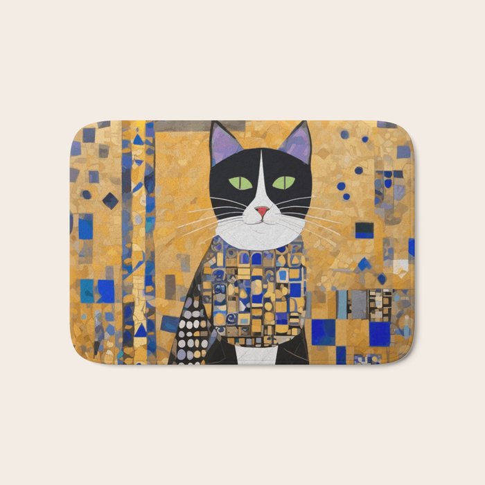 Gustav Klimt Style Tuxedo Cat with Geometric Patterns Bath Mat Gallery Image 1