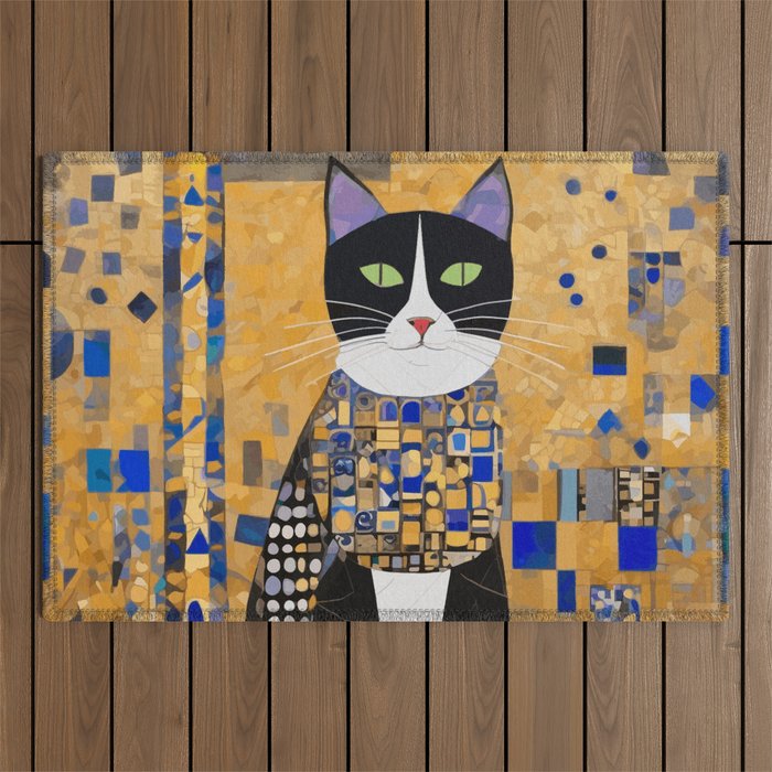 Gustav Klimt Style Tuxedo Cat with Geometric Patterns Outdoor Rug Gallery Image 1