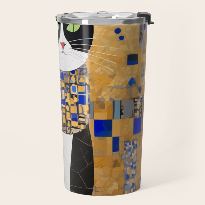 Gustav Klimt Style Tuxedo Cat with Geometric Patterns Travel Mug Gallery Image 2