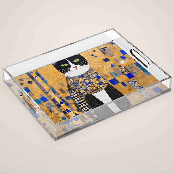 Gustav Klimt Style Tuxedo Cat with Geometric Patterns Acrylic Tray Gallery Image 1