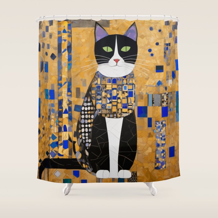 Gustav Klimt Style Tuxedo Cat with Geometric Patterns Shower Curtain Gallery Image 1