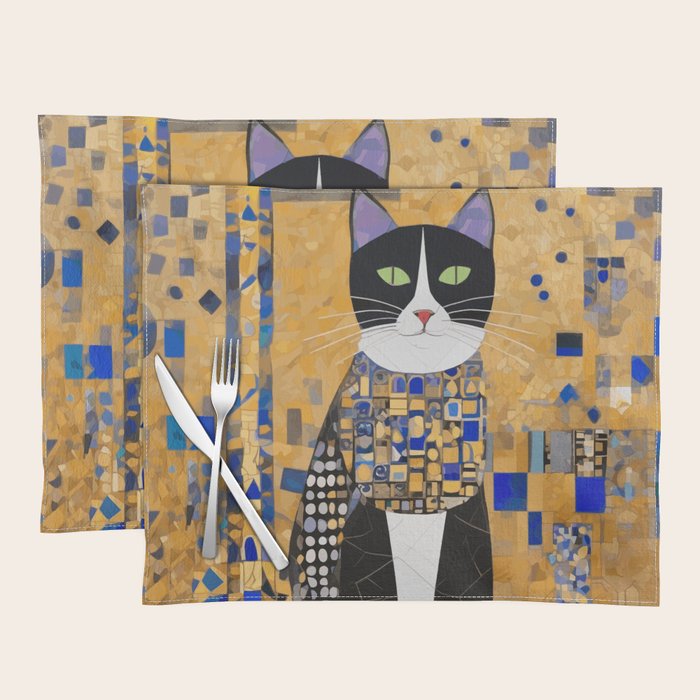 Gustav Klimt Style Tuxedo Cat with Geometric Patterns Placemat Gallery Image 1