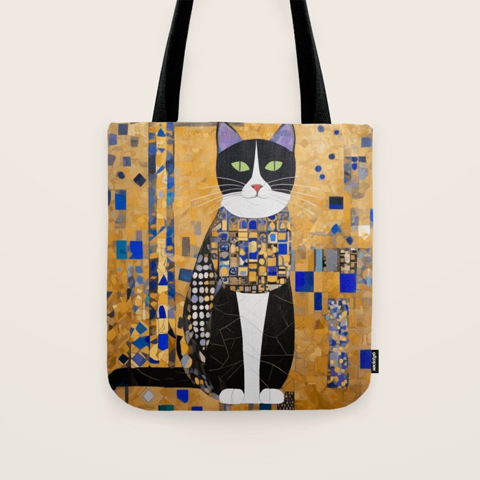Gustav Klimt Style Tuxedo Cat with Geometric Patterns Tote Bag Gallery Image 1