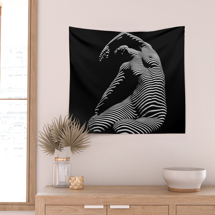 0077s-DJA Abstract Photograph of Seated Woman Striped by Light and Shade Wall Tapestry Gallery Image 2