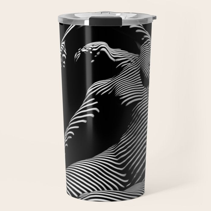 0077s-DJA Abstract Photograph of Seated Woman Striped by Light and Shade Travel Mug Gallery Image 1
