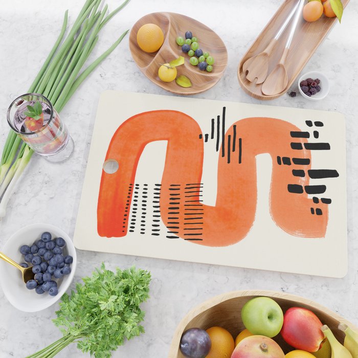 Mid Century Modern abstract Minimalist Fun Colorful Shapes Patterns Orange Watercolor Wiggle Stroke Cutting Board Gallery Image 2