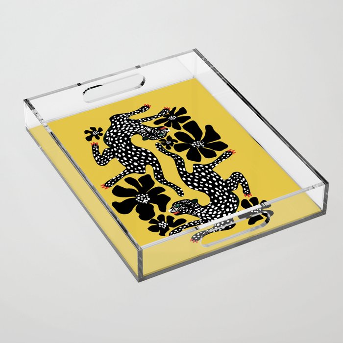Bold Leopard Art Print on Pink with Floral Accents - Modern Animal Wall Art Acrylic Tray Gallery Image 1