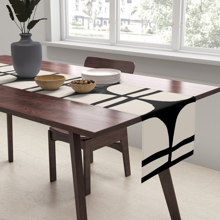 Mid Century Modern Geometric Pattern 157 Mid Mod Black and Linen White Table Runner Gallery Image 2