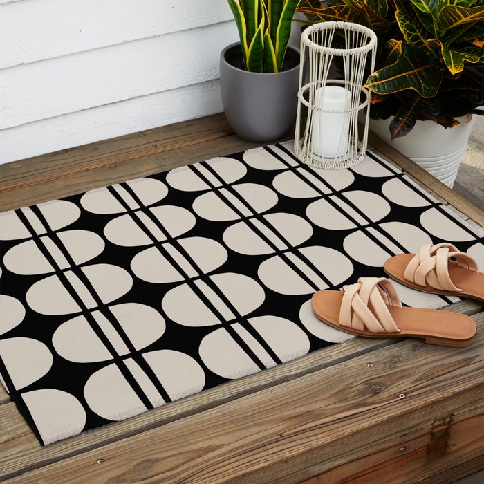 Mid Century Modern Geometric Pattern 157 Mid Mod Black and Linen White Outdoor Rug Gallery Image 2