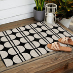 Mid Century Modern Geometric Pattern 157 Mid Mod Black and Linen White Outdoor Rug Gallery Image 2
