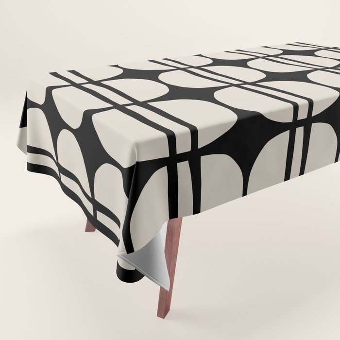 Mid Century Modern Geometric Pattern 157 Mid Mod Black and Linen White Tablecloth Gallery Image 1