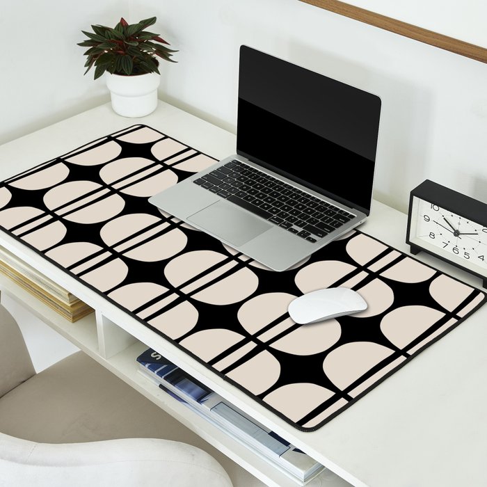 Mid Century Modern Geometric Pattern 157 Mid Mod Black and Linen White Desk Mat Gallery Image 2