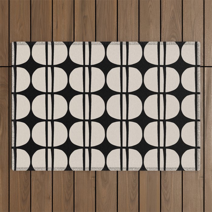 Mid Century Modern Geometric Pattern 157 Mid Mod Black and Linen White Outdoor Rug Gallery Image 1