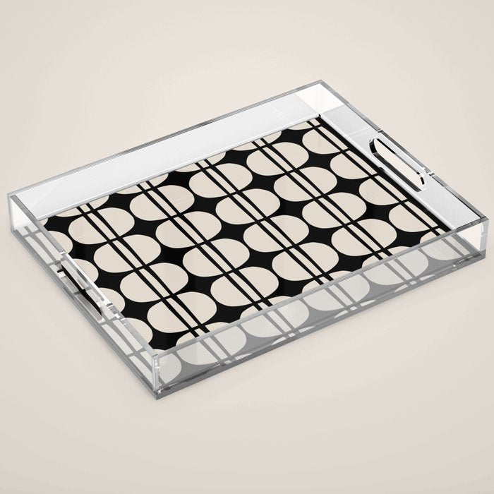 Mid Century Modern Geometric Pattern 157 Mid Mod Black and Linen White Acrylic Tray Gallery Image 1