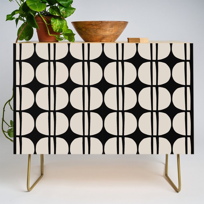 Mid Century Modern Geometric Pattern 157 Mid Mod Black and Linen White Credenza Gallery Image 1