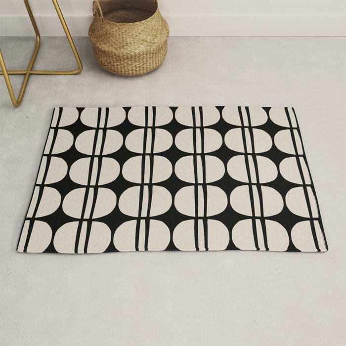 Mid Century Modern Geometric Pattern 157 Mid Mod Black and Linen White Rug Gallery Image 1