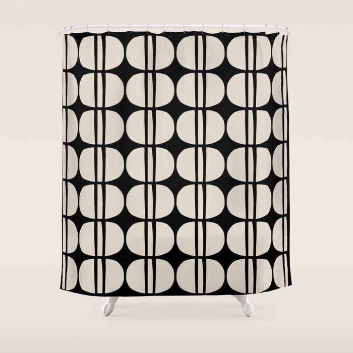 Mid Century Modern Geometric Pattern 157 Mid Mod Black and Linen White Shower Curtain Gallery Image 1