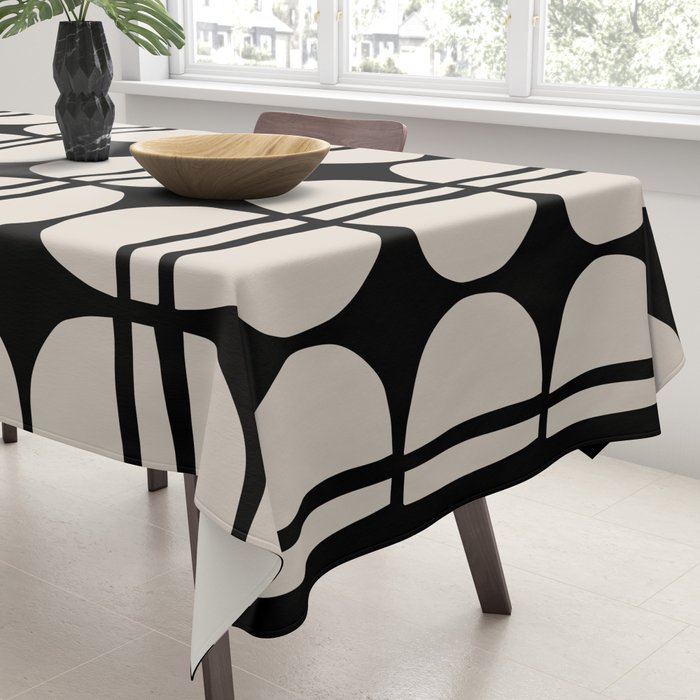 Mid Century Modern Geometric Pattern 157 Mid Mod Black and Linen White Tablecloth Gallery Image 3
