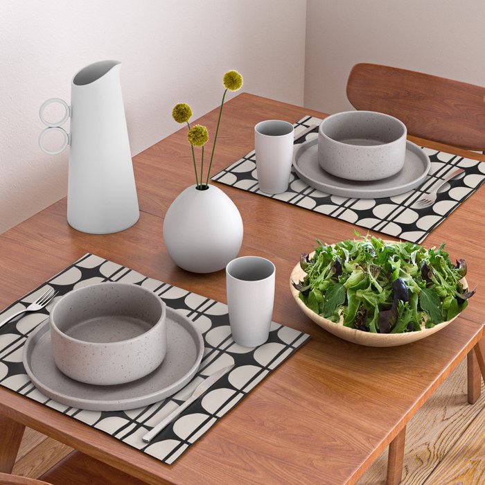 Mid Century Modern Geometric Pattern 157 Mid Mod Black and Linen White Placemat Gallery Image 2