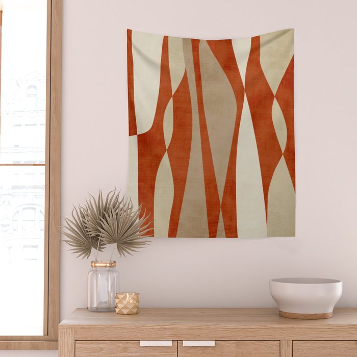 Burnt-Orange Tan Beige Lines Abstract Artwork Wall Tapestry Gallery Image 2