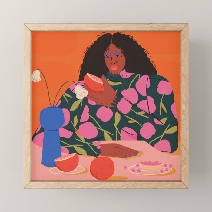 Still Life of a Woman with Dessert and Fruit Mini Art Print Gallery Image 1