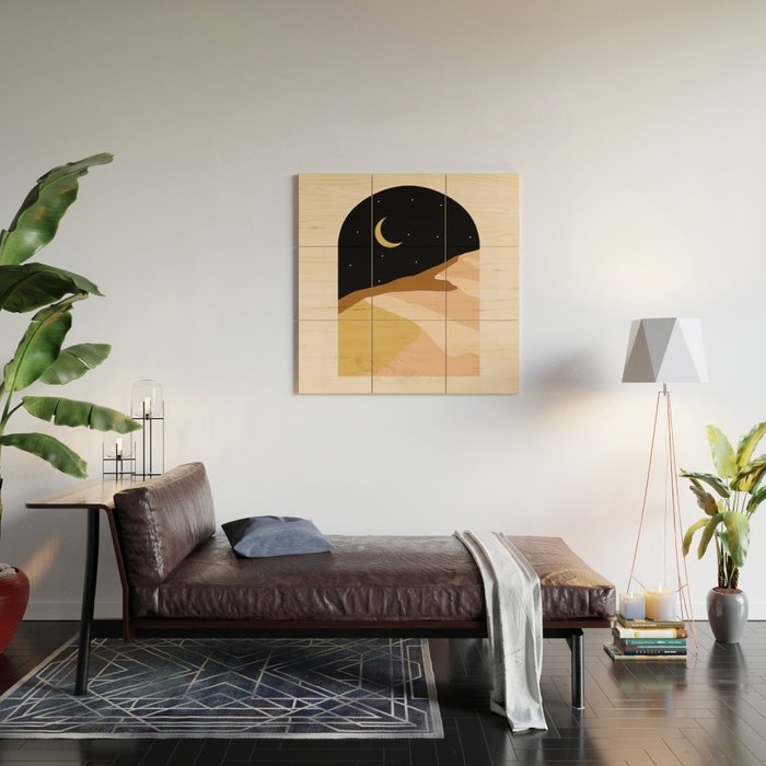 Desert Nights, Modern Bohemian Travel Sand Dunes, Eclectic Moon Stars Vintage Arc, Pastel Building Nature Landscape  Wood Wall Art Gallery Image 2