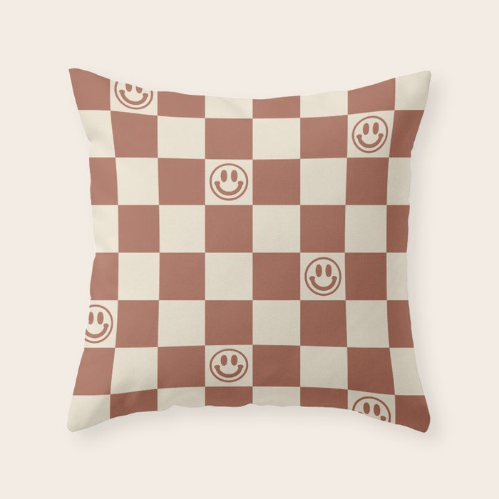 Smiley Face & Checkerboard (Milk Chocolate Colors) Throw Pillow Gallery Image 6