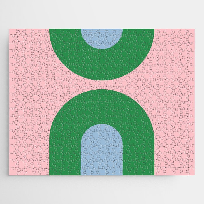 Bold Minimal Double Arch Pattern in Pink, Green, and Pastel Blue Jigsaw Puzzle Gallery Image 1
