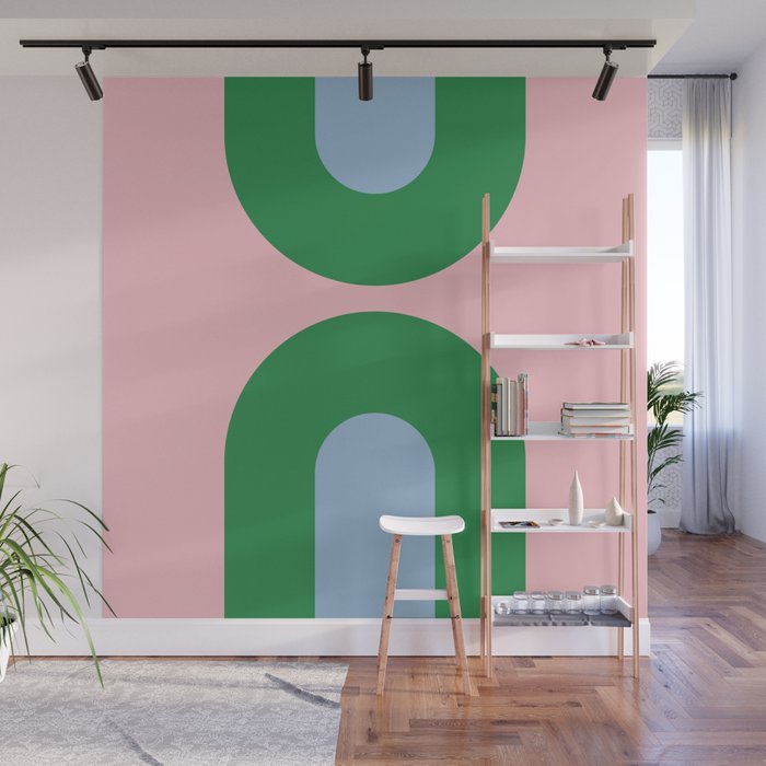 Bold Minimal Double Arch Pattern in Pink, Green, and Pastel Blue Wall Mural Gallery Image 1