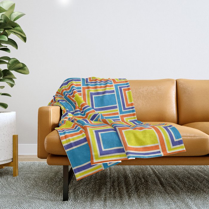 Cheerful Retro Geometric Mod Portes Pattern Blue Orange Yellow Cream Throw Blanket Gallery Image 1