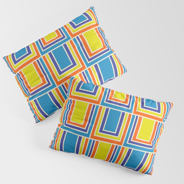 Cheerful Retro Geometric Mod Portes Pattern Blue Orange Yellow Cream Pillow Sham Gallery Image 3